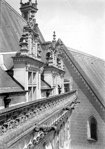 Détail d'une lucarne de la partie à droite de la tourelle de l'escalier d'honneur de la façade sur cour de l'aile François Ier