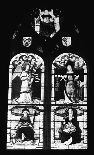 Panneau de vitrail : Christ en Majesté, Annonciation, saint Roch et saint évêque