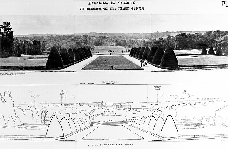 Vue panoramique prise de la terrasse du château et croquis du projet Baudouin