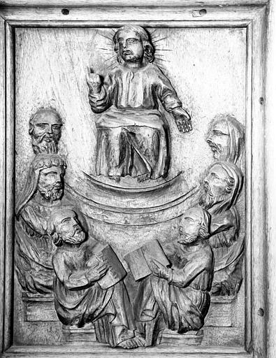 Chaire à prêcher, panneau sculpté de la cuve : Christ au milieu des docteurs