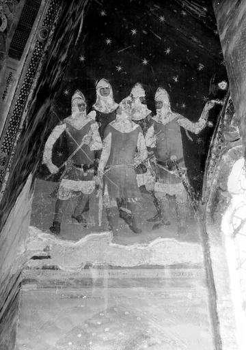 Chapelle Saint-Martial, panneau 3, partie supérieure gauche, ensemble de cinq hommes en armes