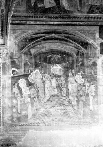 Chapelle Saint-Martial, panneau 4, partie inférieure gauche, ensemble, personnages dans les stalles d'une chapelle