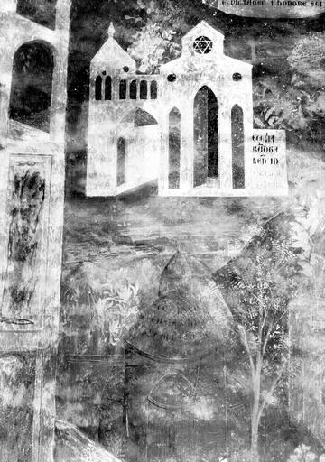 Chapelle Saint-Martial, panneau 4, partie inférieure droite, détail de bâtiments et d'arbres