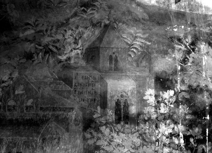 Chapelle Saint-Martial, panneau 4, partie inférieure droite, détail de bâtiments et d'arbres