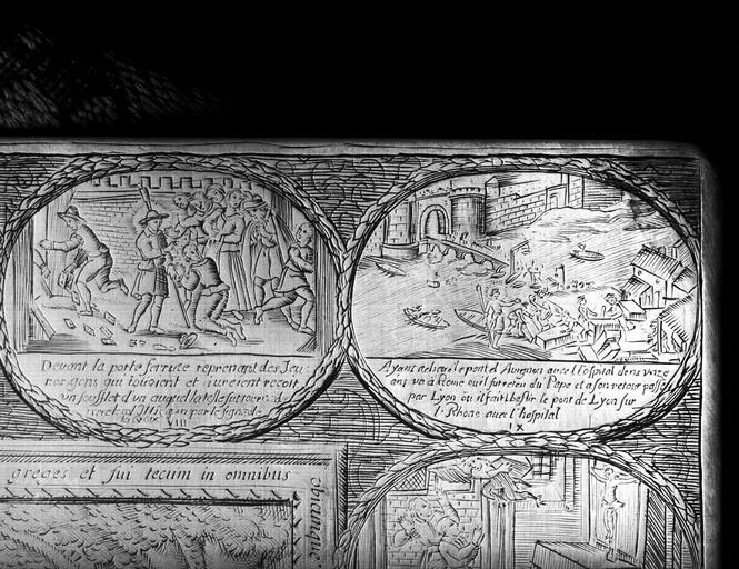 Plaque à impression, image saint Bénezet, détail, dans le bureau de la direction