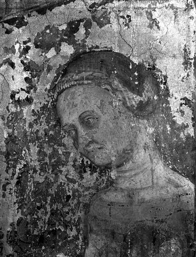 Fresque de la chapelle pontificale, mur 5, fenêtre murée, registre bas, détail de visage