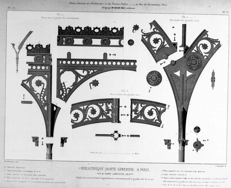 Plan : détails des arcs en fonte de la grande salle de lecture