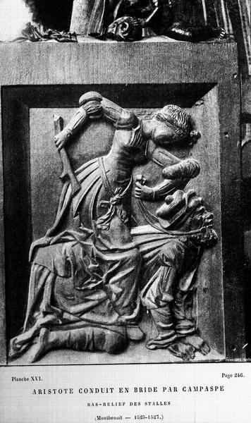 Bas-relief des stalles en bois : Aristote conduit en bride par Campaspe