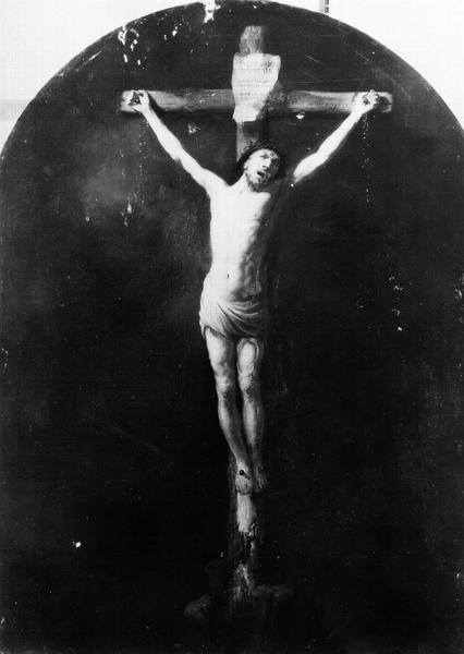 Peinture sur toile : Christ en croix. Photographie prise au laboratoire du Louvre (lumière directe)