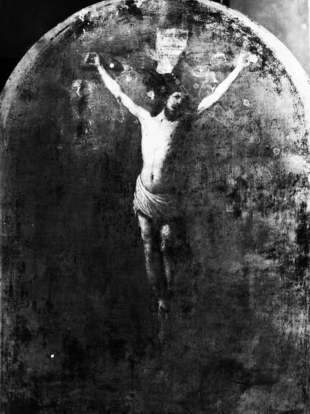 Peinture sur toile : Christ en croix. Photographie prise au laboratoire du Louvre (ultra-violet)