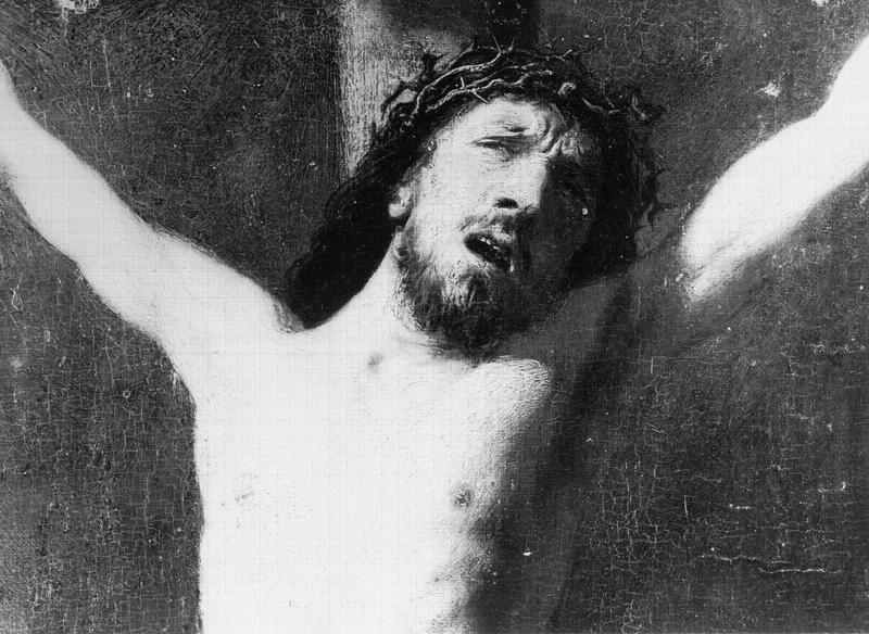 Peinture sur toile : Christ en croix. Photographie prise au laboratoire du Louvre (buste, lumière directe)