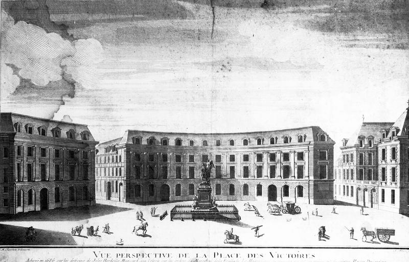 Lithographie : vue perspective de la place des Victoires