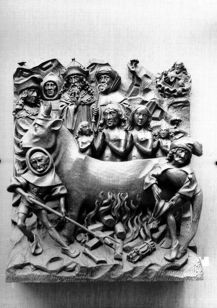 Bas-relief en bois avec une scène de la vie de saint Eustache : le Martyre du saint et de sa famille