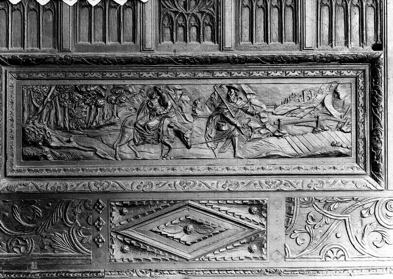 Bas-relief en bois décorant un devant d'autel : la Fuite en Egypte