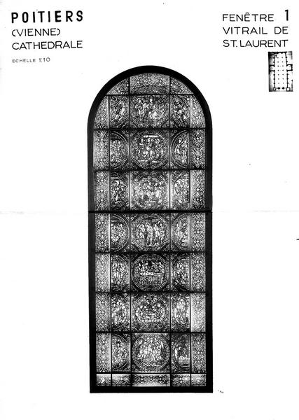 3 verrières : rédemption, Crucifixion, Résurrection, Ascension, Jugement et martyre de saint Pierre et saint Paul, Descente du Saint-Esprit, saint Pierre prêchant, saint Pierre et saint Jean bénissant la foule, résurrection de Tabitha, saint Pierre libéré de prison, chute de Simon le Magicien, saint Pierre et saint Paul comparaissant devant l'empereur, Jésus portant sa croix, saint Laurent amené devant un prince et des soldats, saint Laurent devant ses juges, un juge et le saint devant un prince et une foule de pauvres, visite du Christ à la prison du saint, le martyre de saint Laurent, l'enterrement de saint Laurent, le tombeau du diacre (baies 0, 1, 2)