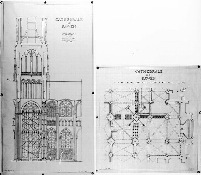 Coupe nord-sud sur la croisée du transept et plan du transept sud : étaiements de la pile n°58