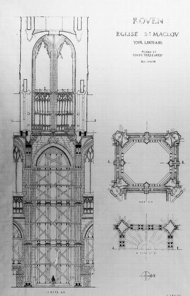 Plan et coupe vers l'ouest de la tour lanterne