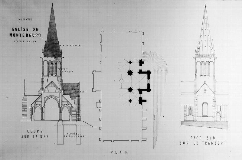 Plan, coupe sur la nef et élévation de la façade sud sur le transept