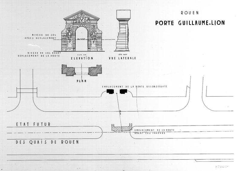 Elévation de la face sud. Plan montrant l'emplacement de la porte avant et après les travaux