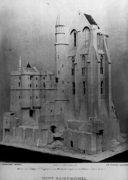 Maquette : entrée de l'abbaye et fragments de la Merveille (angle nord-ouest)