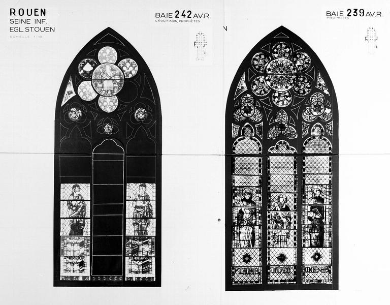 Vitrail (photomontage), baies 242 et 239 : crucifixion, prophètes