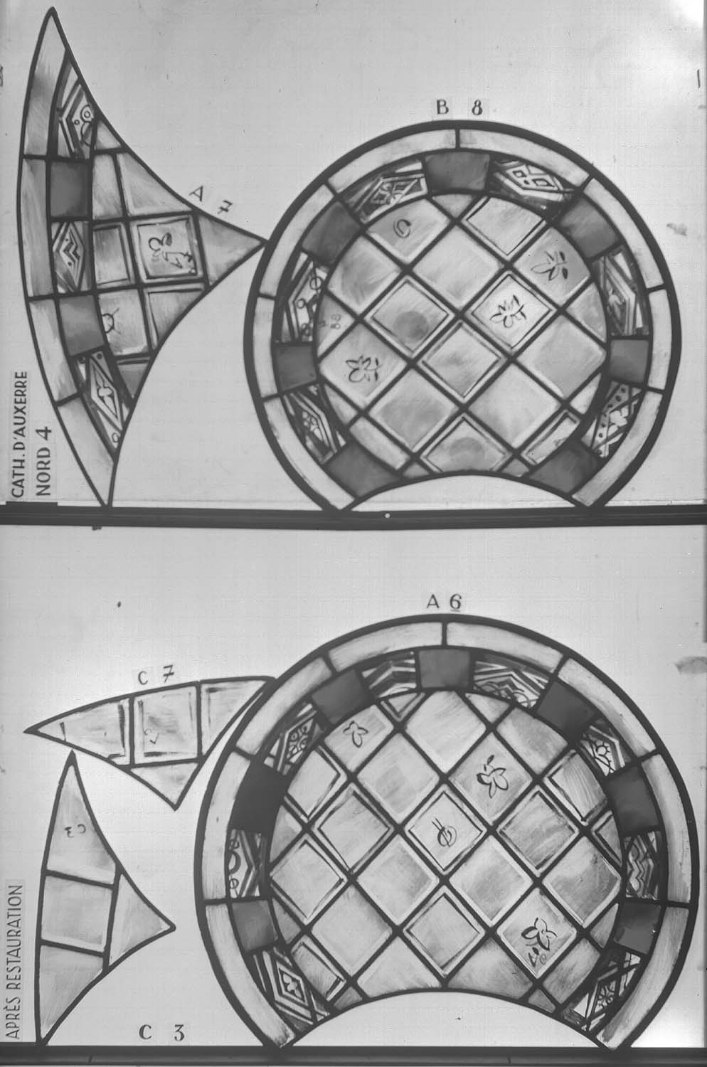 baie nord IV, panneau de vitrail A7 B8 A6 C3 C7