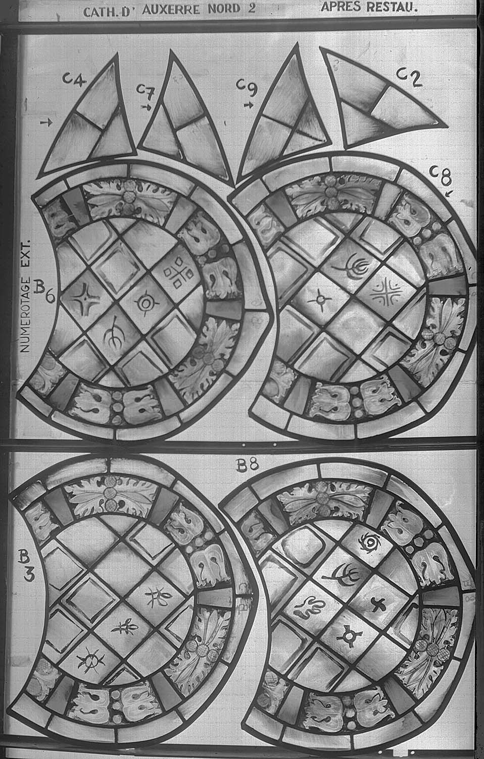 Baie nord II de la nef, panneau de vitrail B 3 6 8 C 2 4 7 5