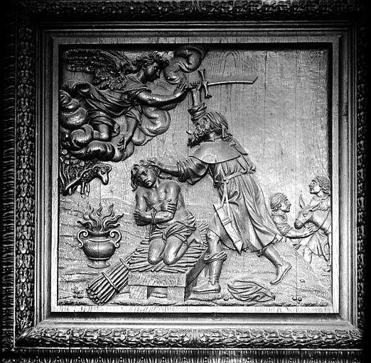 Panneau sculpté du retable : Isaac et Abraham