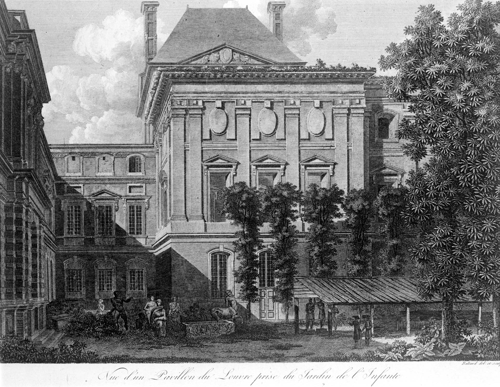 Gravure : un pavillon du Louvre, pris du jardin de l'Infante