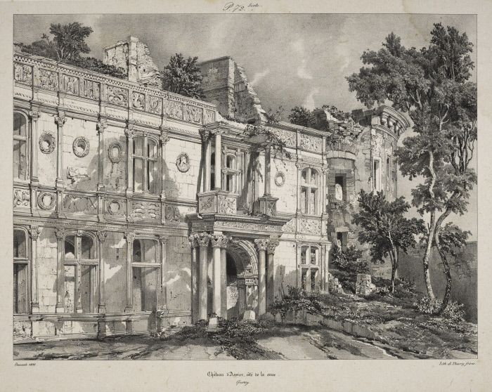 Lithographie : Château d'Assier, côté de la cour