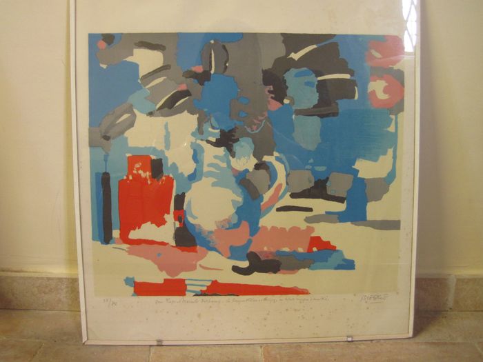Lithographie : Bouquet bleu et rouge