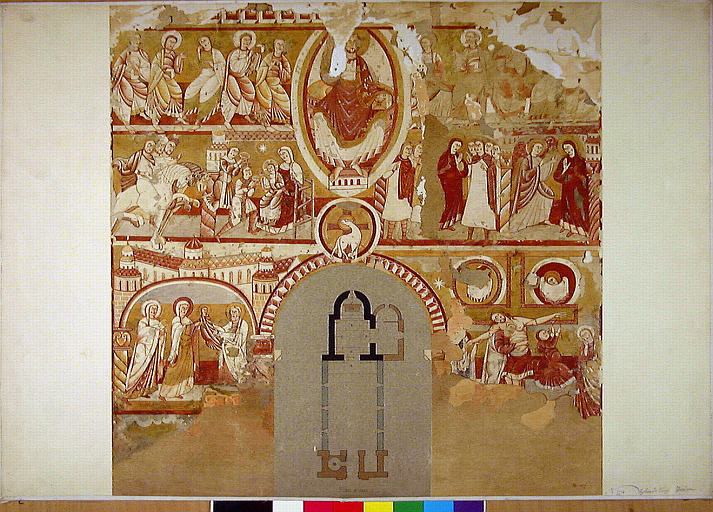 Le Christ en majesté, les apôtres, la chevauchée et l'adoration des mages, les reproches de Joseph à Marie, l'annonciation, la présentation au Temple et la déposition de croix