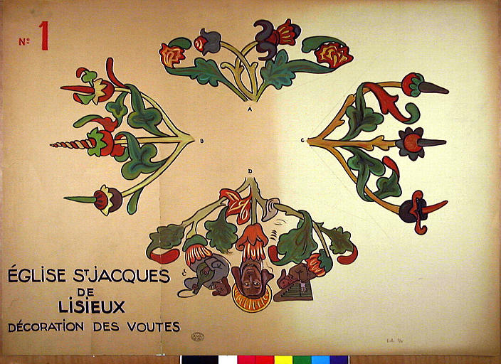 Décoration des voûtes à la gouache et réduction d'ensemble de la voûte N°1