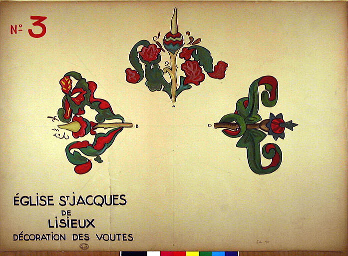 Décoration des voûtes à la gouache et réduction d'ensemble de la voûte N°3