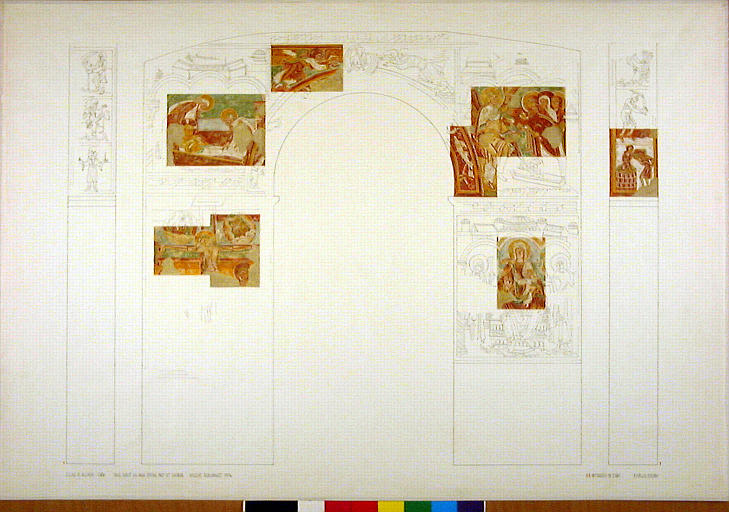 Croquis d'ensemble des peintures murales, la Crucifixion, la mise au tombeau, les saintes femmes au tombeau, la Vierge en majesté, calendrier.