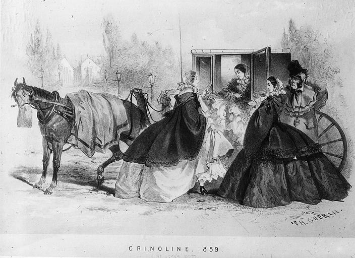 Coupe de place et crinolines Second Empire, gravure