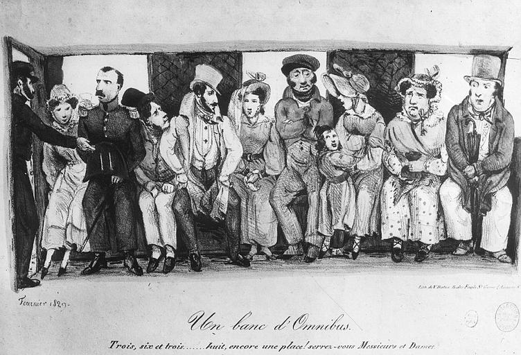 Un banc d'omnibus, gravure 1830