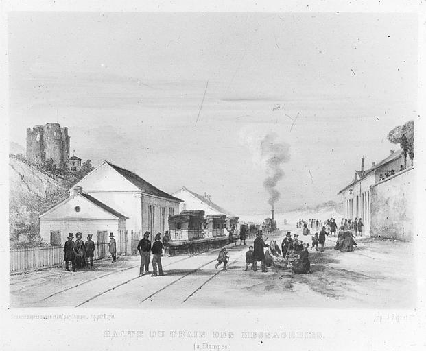 Train de messagerie en 1843 à Etampes, gravure