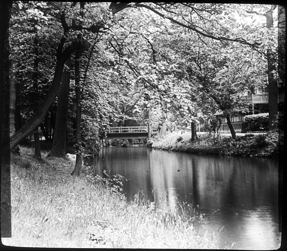 Passerelle et cours d'eau dans le parc