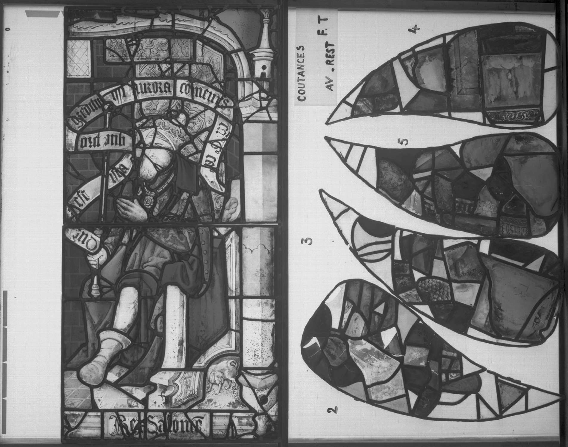 Transept partie haute ; Fenêtre T ; Panneau du roi Salomon ; Fragments 2 - 3 - 5 - 4