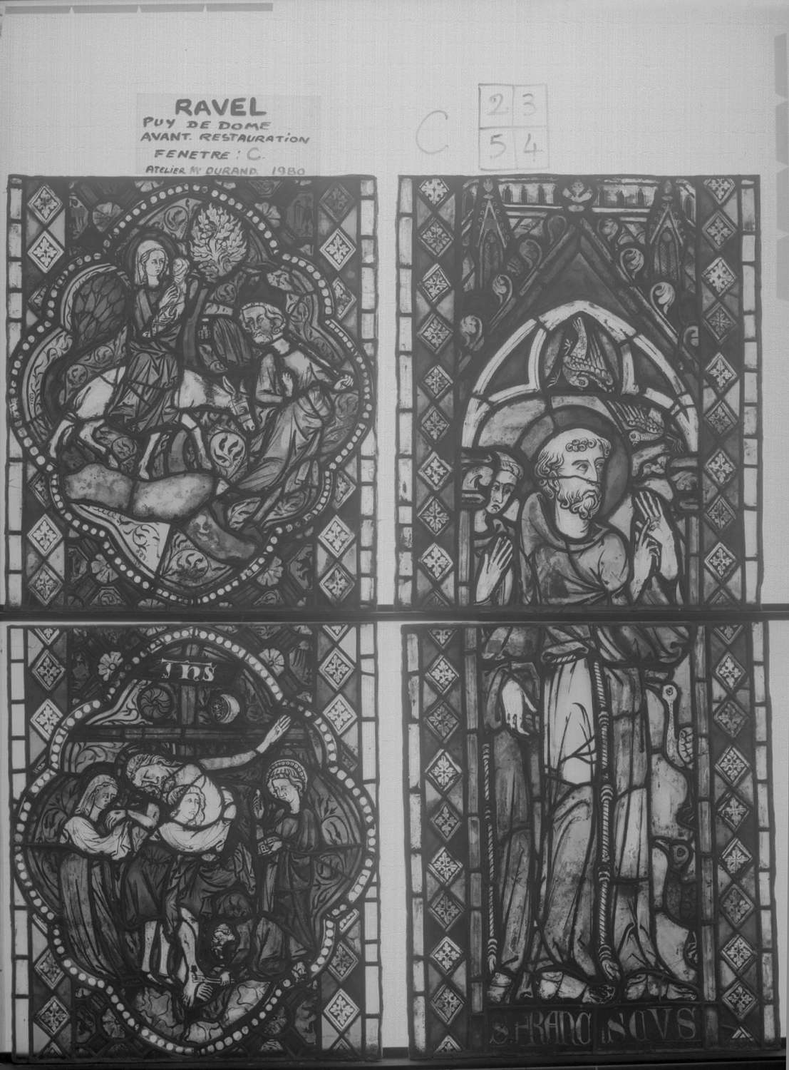 Fenêtre C ; Nef, sacristie ; Panneaux 2 (Fuite en Égypte) – 3 (Saint François) – 4 (Saint François) – 5 (Descente de croix)