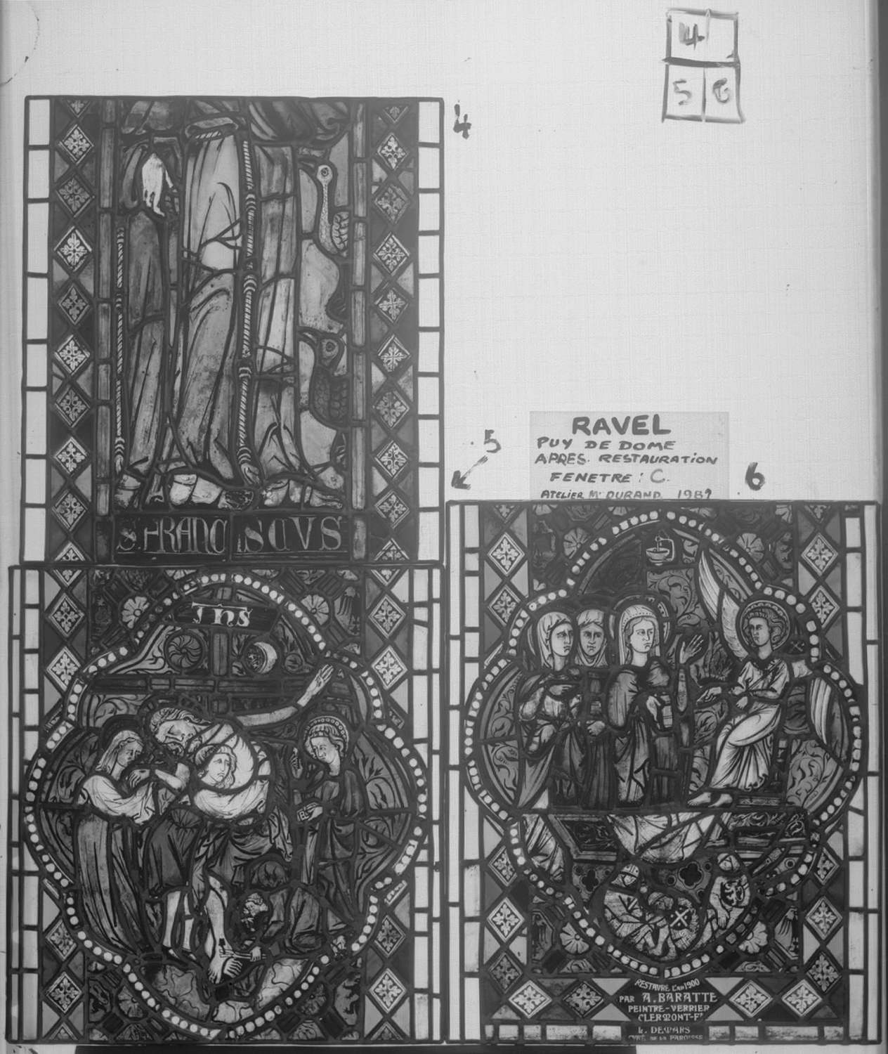 Fenêtre C ; Panneaux 4 (Saint François) – 5 (Descente de croix) – 6 (Saintes femmes au tombeau)