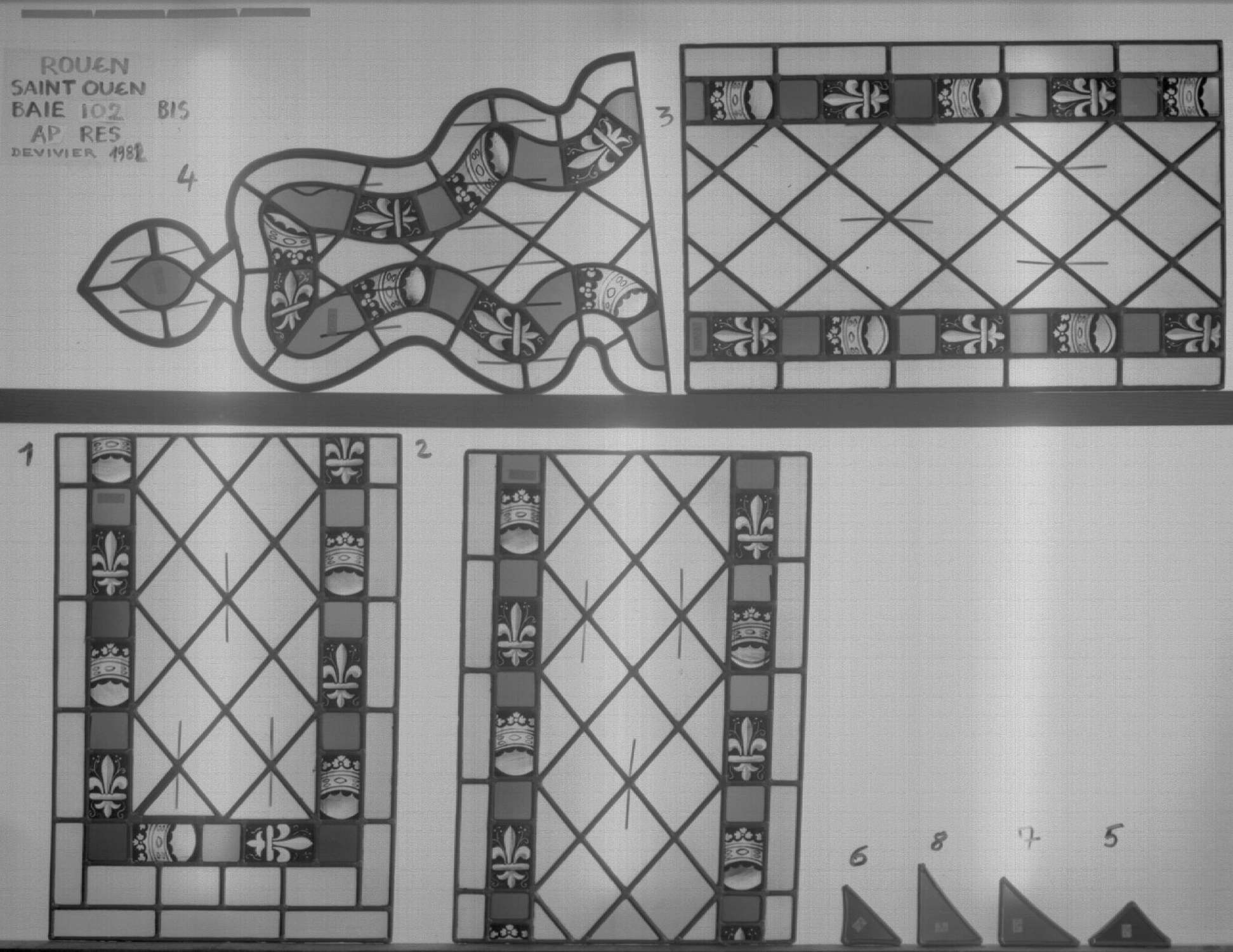 Baie 102 bis ; Triforium ; Fragments 1 - 2 - 3 - 4 - 5 - 6 - 7 - 8