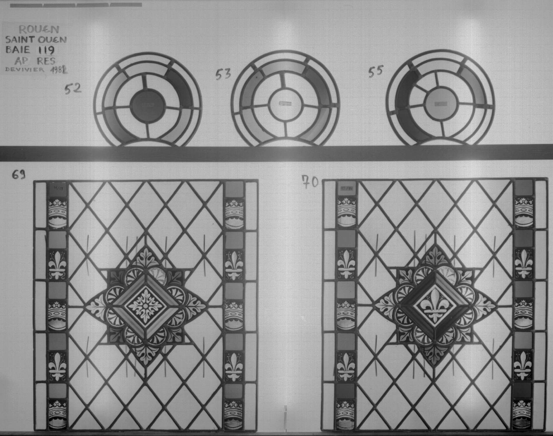 Baie 119 ; Triforium ; Panneaux 69 - 70 ; Fragments 52 - 53 - 55