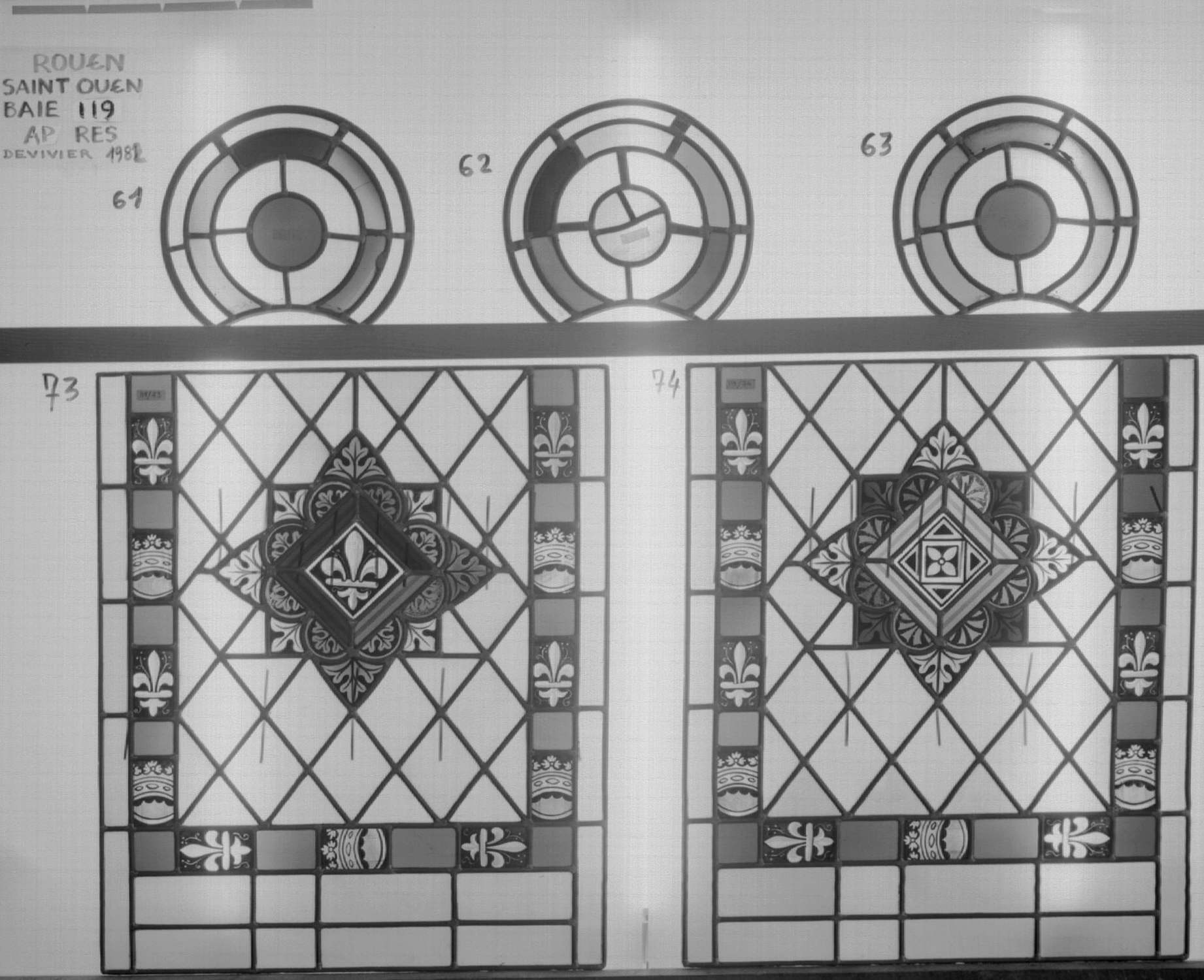 Baie 119 ; Triforium ; Panneaux 73 - 74 ; Fragments 61 - 62 - 63