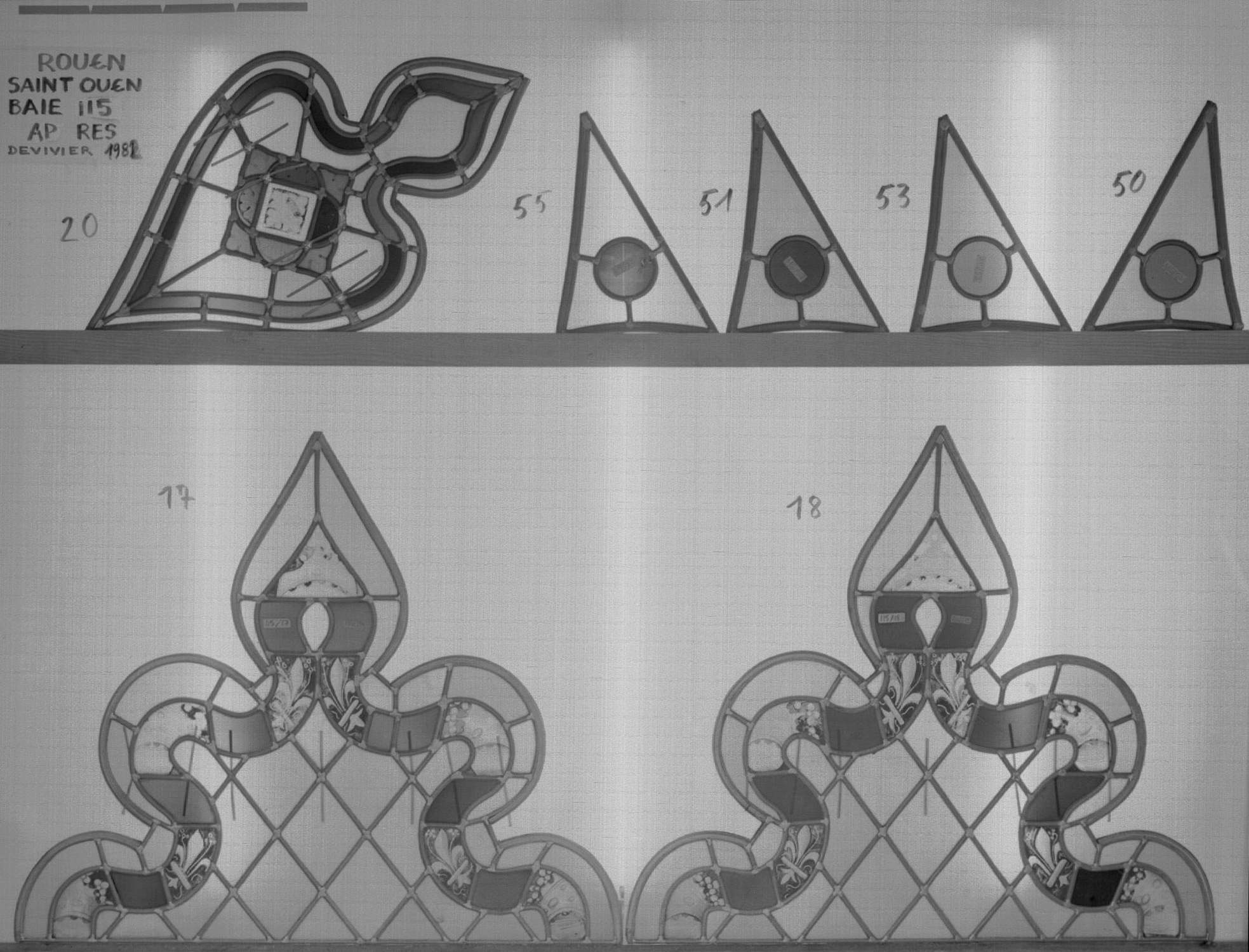 Baie 115 ; Triforium ; Lobes 17 - 18 ; Fragments 20 - 51 - 53 - 50 - 55