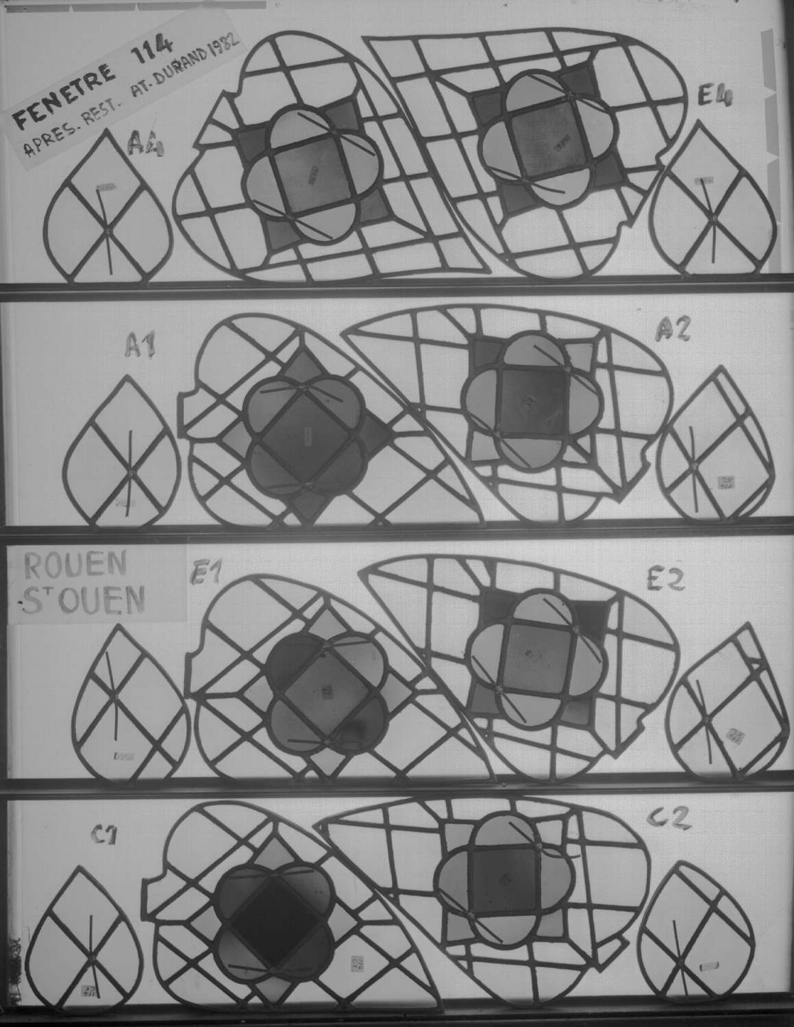 Baie 114 ; 4 fenêtres du triforium Sud de la nef ; Fragments A1 - A2 - A4 - E1 - E2 - E4 - C1 - C2