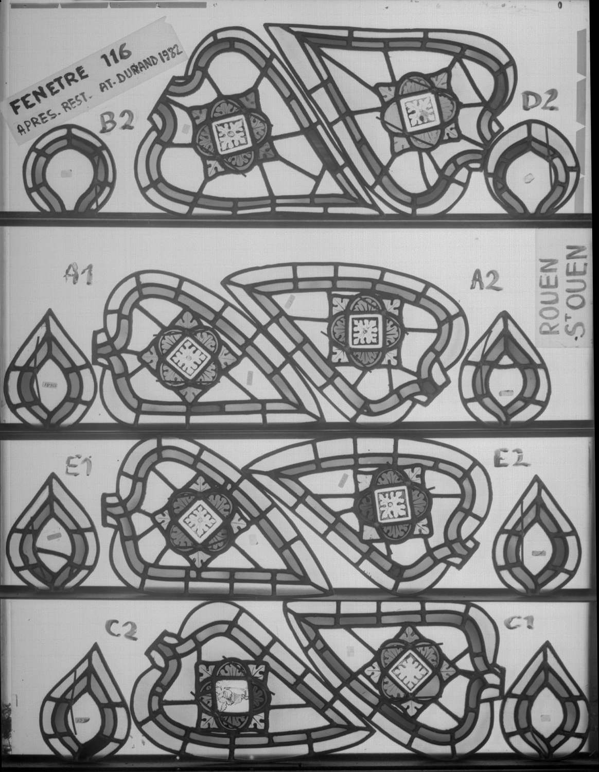 Baie 116 ; 4 fenêtres du triforium Sud de la nef ; Fragments A1 - A2 - C1 - C2 - B2 - D2 - E1 - E2