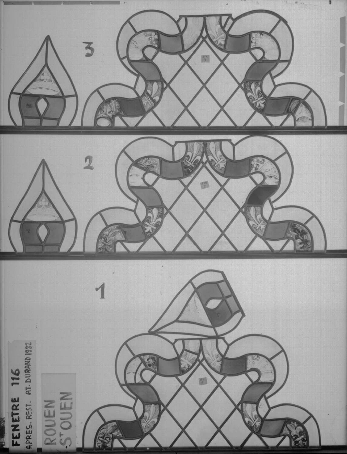 Baie 116 ; 4 fenêtres du triforium Sud de la nef ; Lobes 1 - 2 - 3