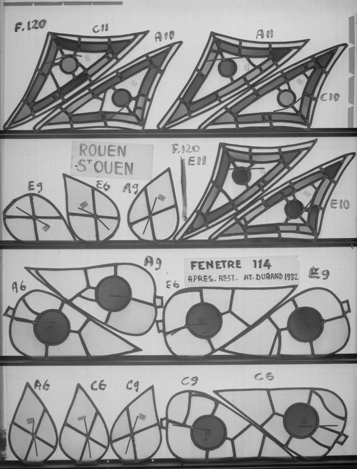 Baie 120 ; 4 fenêtres du triforium Sud de la nef ; Fragments C11 – A10 – A11 – C10 – E9 – E6 – A9 – E11 – E10 ; Fenêtre 114, fragments A6 – A9 – E6 – E9 – C6 – C9